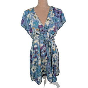 Free People Freddy Watercolor Beachy Monet Floral Tie Mini Dress Blue White XS